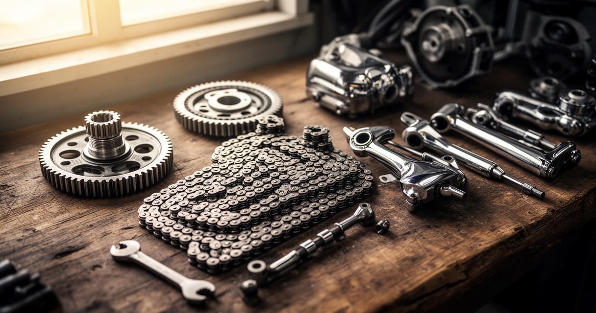 Chaîne, engrenages et composants mécaniques pour moto