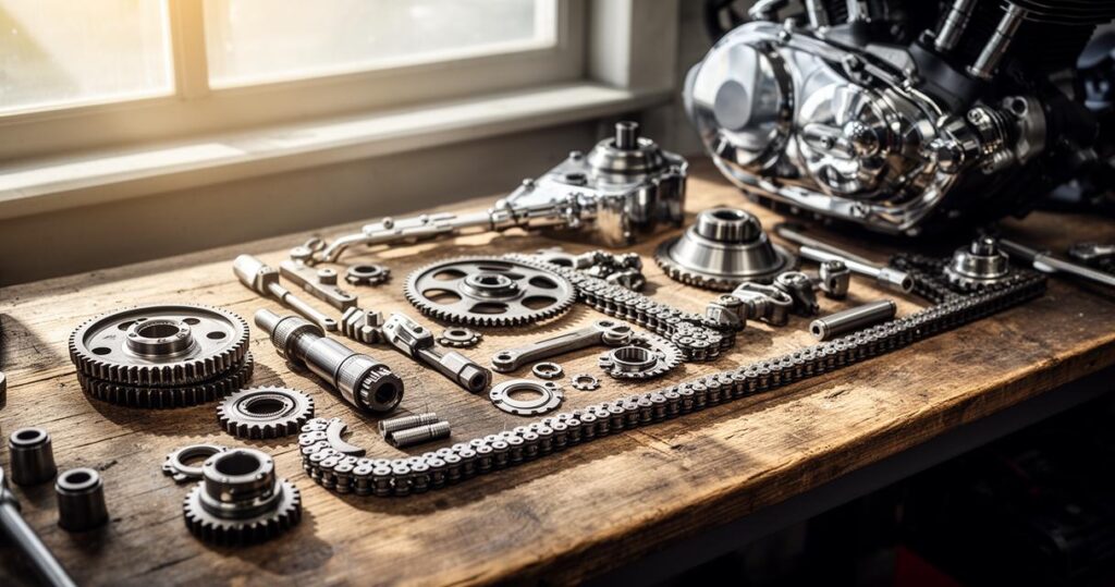 Pièces moto de rechange disposées dans un atelier