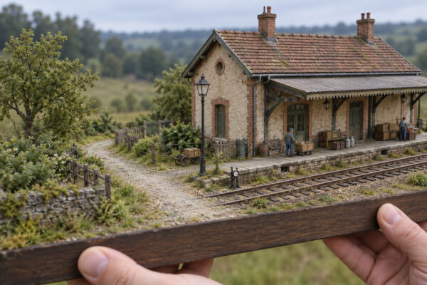 Deux mains tiennent un diorama de gare HO terminé, avec figurines de cheminots, accessoires d’époque et chemin de gravier.
